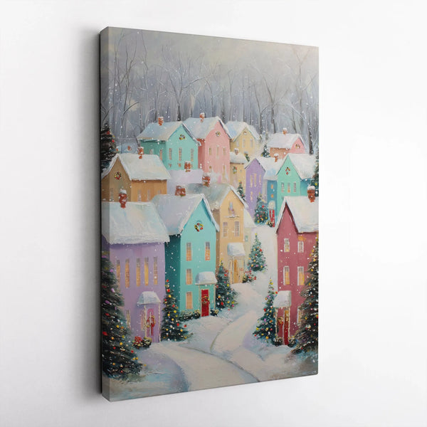 Snowy Pastel Town Winter Painting, Christmas Village Digital Canvas Print, Instant Download Vertical Wall Art, Holiday Home D