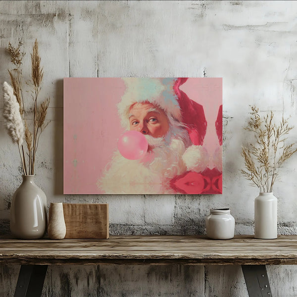 Pink Bubble Gum Santa Canvas Print, Humorous Santa Claus Canvas Wall Art, Whimsical Holiday Santa Canvas, Retro Christmas Wal