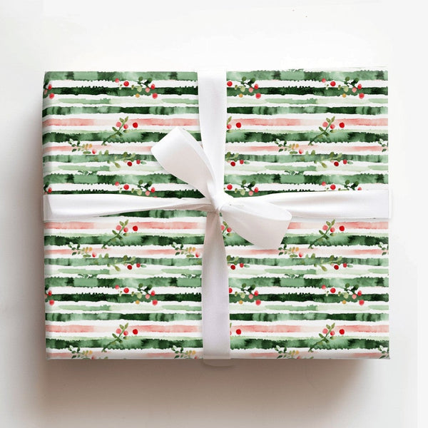 Watercolor Holiday Gift Wrap, Pink Green Striped Berry Wrapping Paper, Artistic Christmas Wrapping Paper, Festive Winter Pres
