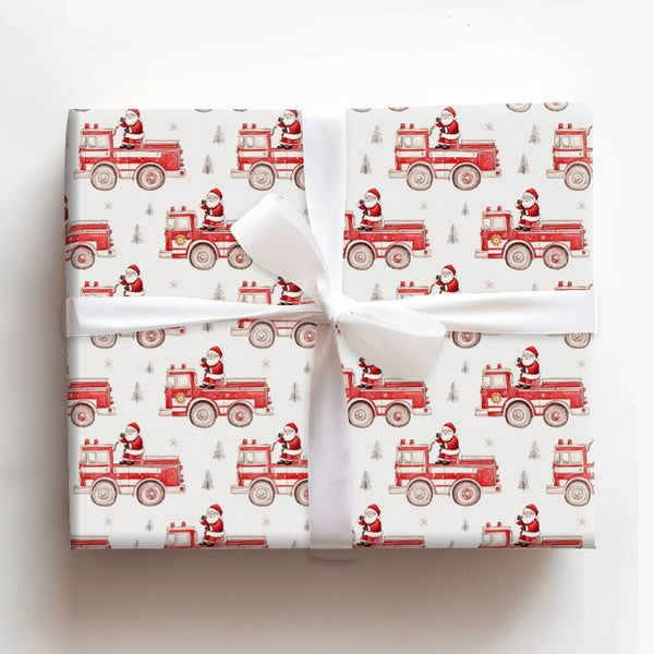 Watercolor Vintage Fire Engine Gift Wrap, Santa on Fire Truck Wrapping Paper, Christmas Tree Holiday Paper, Firefighter Gift 