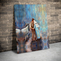 Holy Family with Donkey Canvas Art, Mary and Joseph Nativity Canvas Print, Christian Christmas Canvas, Religious Holiday Wall Decor Present