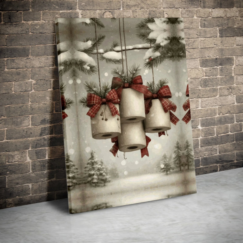 Humorous Holiday Bathroom Wall Art, Christmas Toilet Paper Rolls Canvas, Rustic Plaid Bow Xmas Canvas Print, Humorous Bath Decor Present