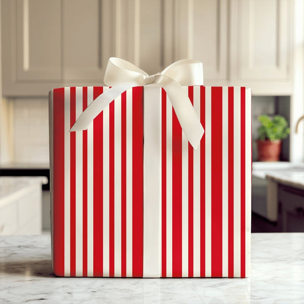 Candy Cane Stripe Gift Wrap, Classic Red and White Striped Wrapping Paper, Holiday Vertical Striped Present Paper, Christmas 