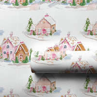 Watercolor Christmas Village Wrapping Paper, Pink Gingerbread House Gift Wrap, Sweet Holiday Village Gift Wrapping Paper, Adorable Present Wrap