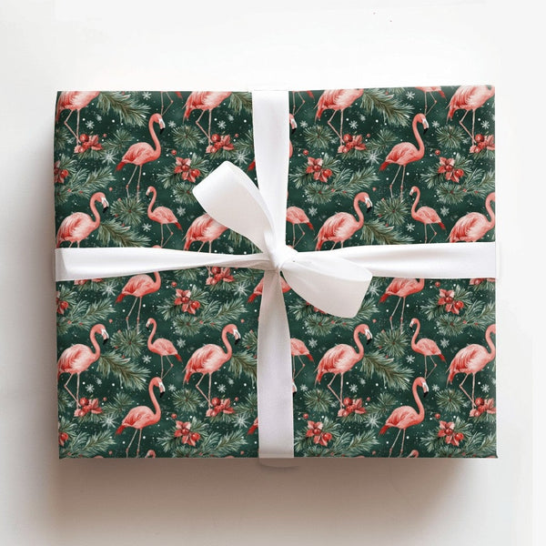 Tropical Poinsettia Gift Wrap, Pink Flamingo Christmas Wrapping Paper, Green Flamingo Wrapping Paper, Holiday Gift Wrap, Xmas