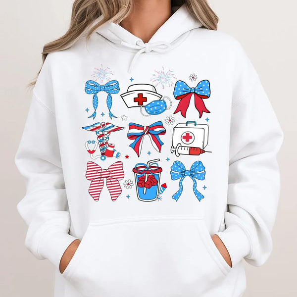 Holiday Bows Nurse Hooded Sweatshirt, Medical Nurse Christmas Hoodie, Festive Healthcare Pullover Hoodie, Xmas Nursing Studen