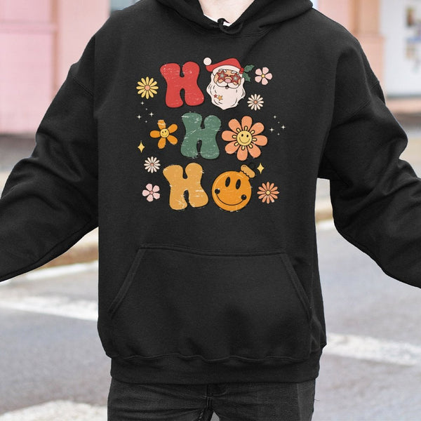 Groovy Santa Graphic Sweatshirt, Retro Ho Ho Ho Christmas Hoodie, Vintage Holiday Pullover, Festive Teacher Xmas Hooded Sweat