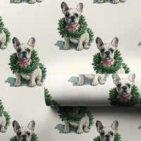 Puppy Wreath Holiday Gift Wrap, French Bulldog Christmas Wrapping Paper, Frenchie Dog Xmas Wrapping Paper
