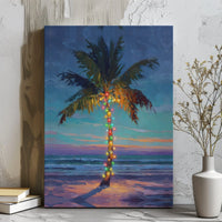 Festive Beach Sunset Canvas Print, Tropical Christmas Palm Tree Wall Art, Coastal Holiday Wall Art, Digital Download, Printable Beach Decor