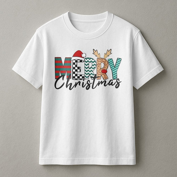 Merry Christmas Graphic Tee, Leopard Plaid Santa Hat Christmas T-Shirt, Festive Buffalo Plaid Shirt, Adorable Holiday Santa T