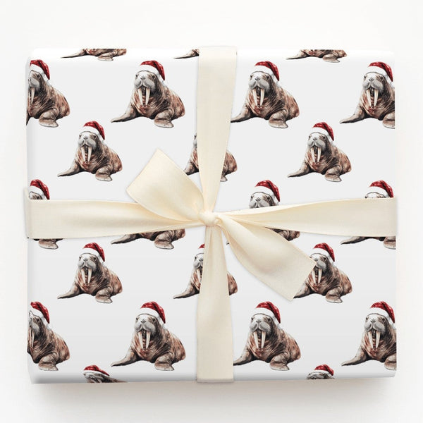 Santa Hat Animal Gift Wrap, Adorable Walrus Christmas Wrapping Paper, Watercolor Walrus Wrapping Paper Roll, Holiday Wrapping