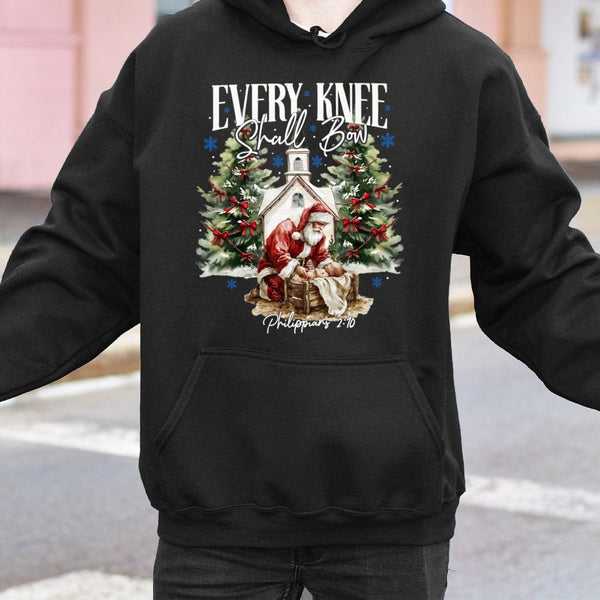 Santa Kneeling Before Baby Jesus Hooded Sweatshirt, Every Knee Shall Bow Hoodie, Religious Christmas Pullover, Christian Fait
