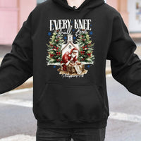 Santa Kneeling Before Baby Jesus Hooded Sweatshirt, Every Knee Shall Bow Hoodie, Religious Christmas Pullover, Christian Faith Present