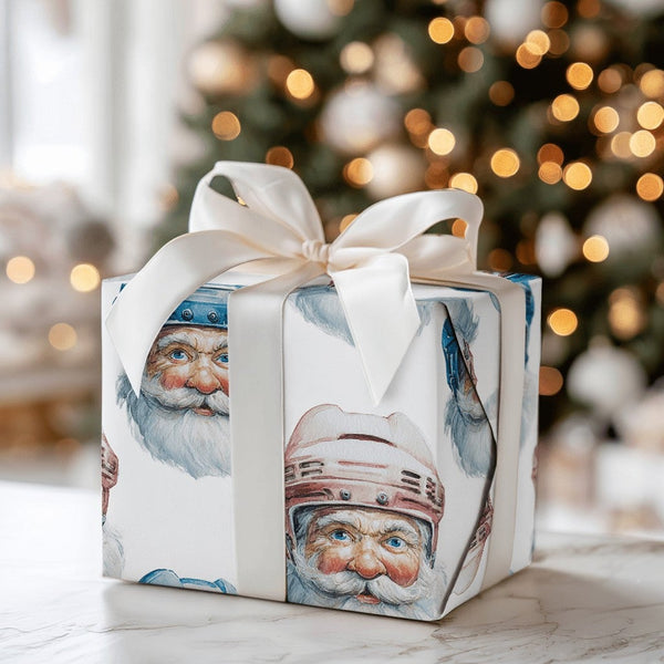 Watercolor Christmas Gift Wrap, Hockey Helmet Santa Wrapping Paper, Sports Holiday Paper, Festive Present Wrapping Paper, Hoc