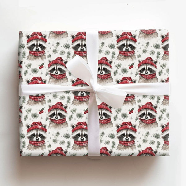 Adorable Woodland Animal Gift Wrap, Watercolor Raccoon Wrapping Paper, Winter Raccoon Holiday Paper, Christmas Present Wrappi