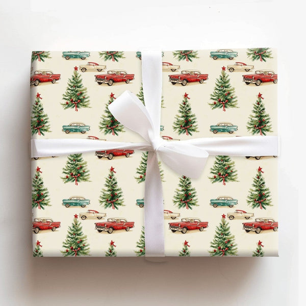 Retro 1950s Holiday Gift Wrap, Vintage Car Christmas Wrapping Paper, Classic Car Tree Wrapping Paper
