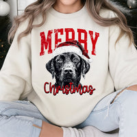 Dog in Santa Hat Holiday Sweater, Black Labrador Christmas Sweatshirt, Adorable Lab Puppy Xmas Crewneck, Dog Lover Winter Graphic Pullover