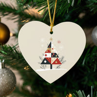 Modern Patchwork Heart Ornament, Geometric Christmas Tree Heart Ornament, Glossy Ceramic Holiday Heart Ornament, Festive Xmas Tree Decor
