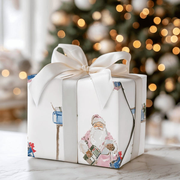Watercolor Helper Gift Wrap, Pink Santa Wrapping Paper, Inclusive Christmas Paper, Mailbox Holiday Present Wrap, Adorable Xma