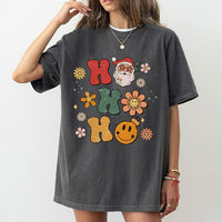 Groovy Santa Smiley Face Tee, Retro Ho Ho Ho Christmas T-Shirt, Vintage Holiday Graphic T-Shirt, Festive Teacher Xmas Shirt, Present for Women
