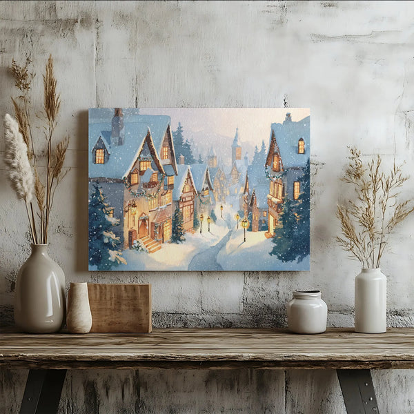 Winter Town Watercolor Canvas, Christmas Village Canvas Wall Art, Holiday Seasonal Canvas Print, Comfy Xmas Wall Decor, Chris