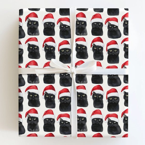 Santa Hat Kitten Holiday Gift Wrap, Black Cat Christmas Wrapping Paper, Adorable Winter Cat Wrapping Paper, Festive Holiday G