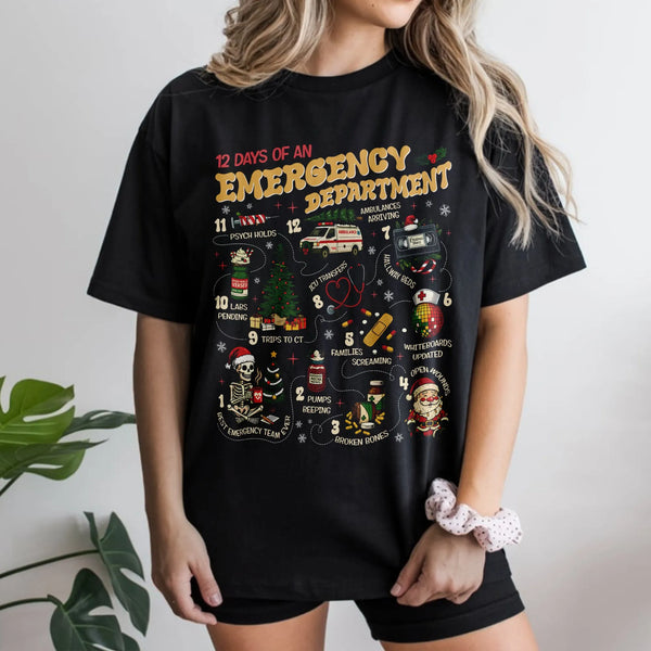 Humorous ER Nurse Christmas Tee, 12 Days of Emergency Department T-Shirt, Medical Staff Holiday Graphic Shirt, Hospital Docto