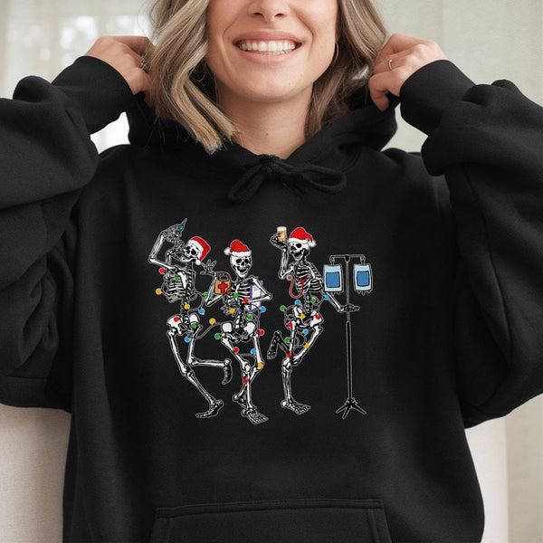Dancing Skeleton Medical Nurse Hooded Sweatshirt, Christmas Nurse Hoodie, Humorous Xmas Healthcare Staff Sweater, Holiday Nur