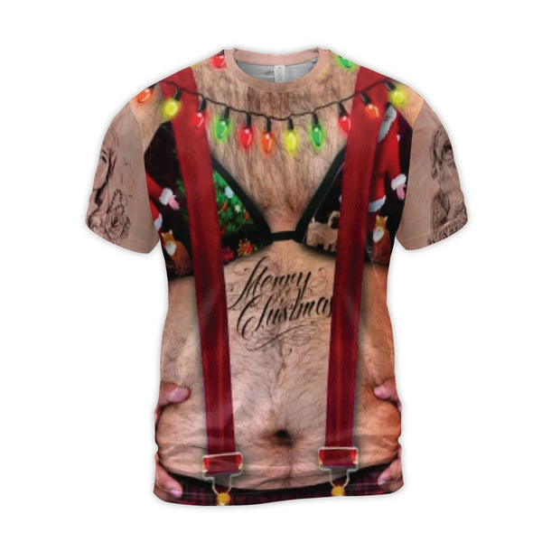 Hairy Chest Bikini Suspenders Shirt, Humorous Ugly Christmas T-Shirt, Hilarious Holiday Graphic Tee, Gag Present Xmas Party T