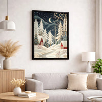 Snowy Winter Night Cabin Wall Art, Christmas Village Canvas Print, Comfy Holiday Landscape Decor, Xmas Digital Download Home Decor