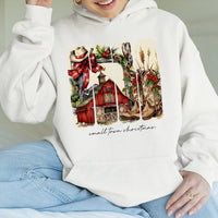 Western Country Barn Graphic Hooded Sweatshirt, Small Town Christmas Hoodie, Rustic Farmhouse Holiday Pullover, Cowgirl Winter Xmas Jumper