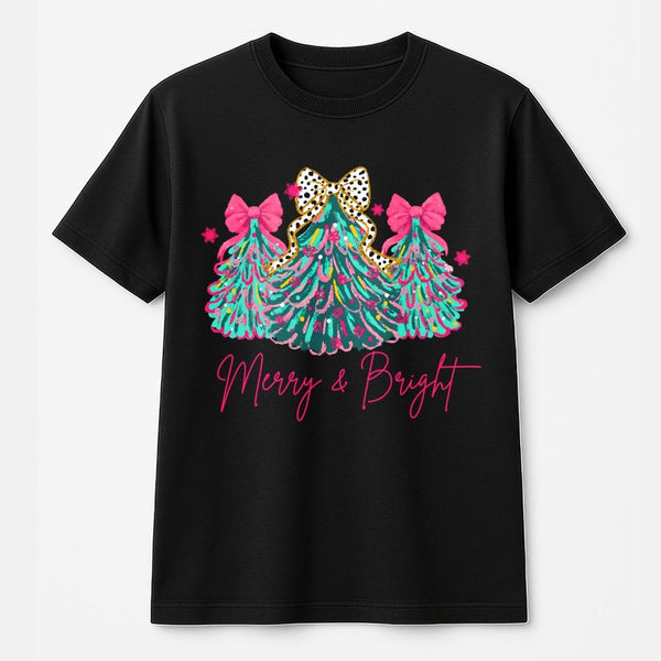 Pink Bow Tree Holiday Graphic Tee, Merry and Bright Christmas T-Shirt, Adorable Coquette Xmas Shirt, Pastel Winter Season Top