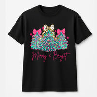 Pink Bow Tree Holiday Graphic Tee, Merry and Bright Christmas T-Shirt, Adorable Coquette Xmas Shirt, Pastel Winter Season Top