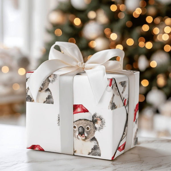 Santa Hat Animal Gift Wrap, Adorable Koala Christmas Wrapping Paper, Australian Koala Wrapping Paper Roll, Holiday Wrapping P