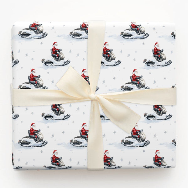 Snowflake Watercolor Gift Wrap, Snowmobile Santa Claus Wrapping Paper, Winter Sports Christmas Wrapping Paper, Holiday Presen