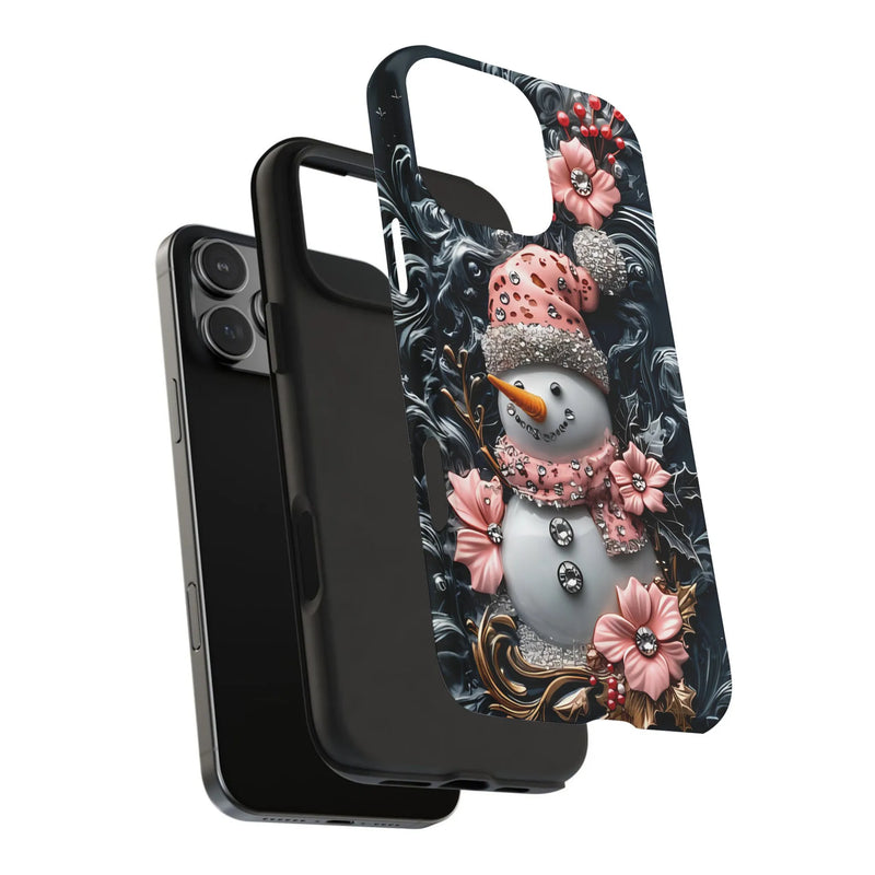 3D Winter Holiday Phone Case, Pink Jeweled Floral Snowman iPhone Case, Adorable Festive Tough Phone Cover, Christmas Phone Case Present for Her