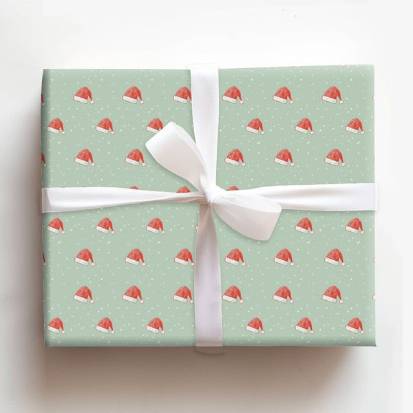 Sage Green Snow Gift Wrap, Santa Hat Christmas Wrapping Paper, Adorable Holiday Present Paper, Winter Santa Wrapping Paper, X
