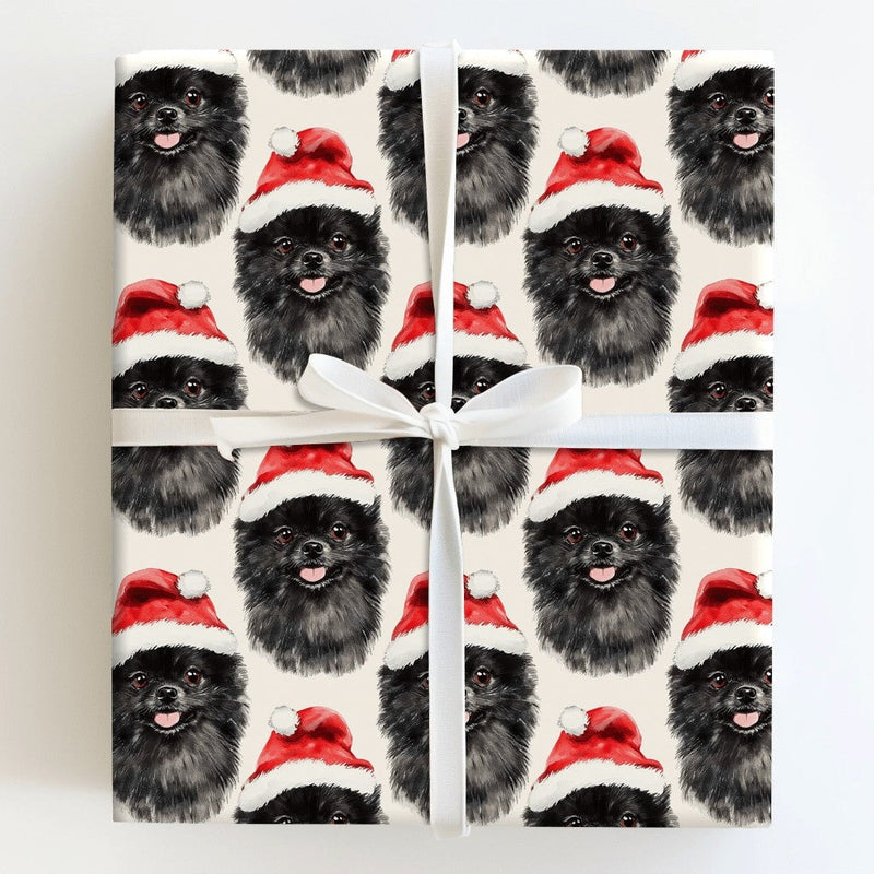 Santa Hat Dog Gift Wrap, Black Pomeranian Christmas Wrapping Paper, Festive Puppy Xmas Wrapping Paper, Dog Lover Holiday Gift Wrapping Paper
