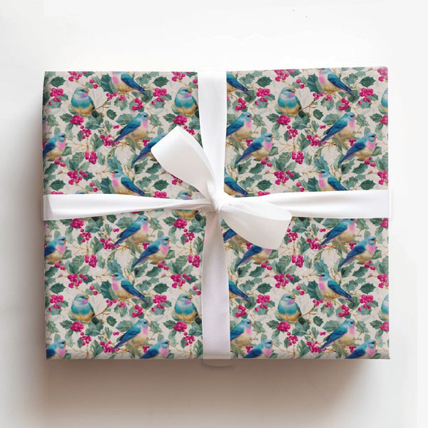 Watercolor Holly Berry Gift Wrap, Bluebird Christmas Wrapping Paper, Winter Bird Wrapping Paper Roll, Holiday Nature Gift Wra