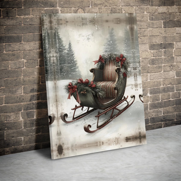 Snowy Forest Winter Landscape Wall Art, Vintage Christmas Sleigh Canvas Print, Rustic Holiday Wall Decor, Farmhouse Xmas Seas