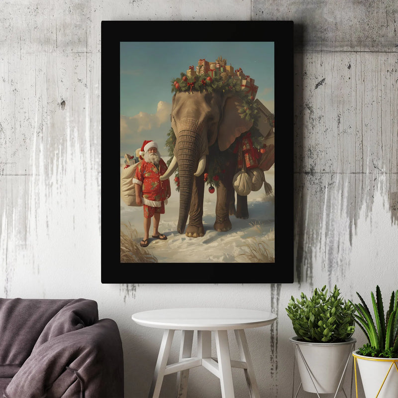 Whimsical Holiday Animal Canvas Art, Tropical Santa Claus Elephant Canvas, Festive Safari Christmas Canvas Print, Winter Wildlife Decor Present
