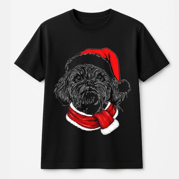 Dog in Santa Hat Scarf Shirt, Shih Tzu Christmas T-Shirt, Adorable Festive Holiday Puppy Graphic Tee, Shih Tzu Dog Lover Chri