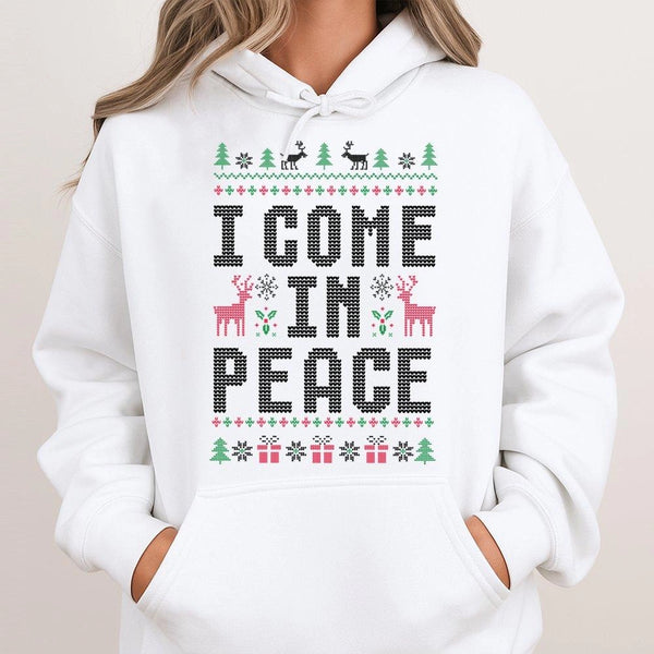 Humorous Holiday Pullover, I Come in Peace Ugly Christmas Hoodie, Alien Christmas Sweatshirt, Retro Xmas Hooded Sweater, Matc