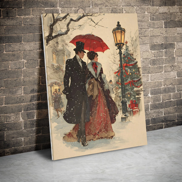 Snowy Couple Red Umbrella Canvas, Victorian Christmas Canvas Wall Art, Vintage Winter Wall Art, Holiday Canvas Print, Christm