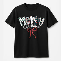 Patterned Lettering Red Bow Graphic Tee, Merry Christmas T-Shirt, Adorable Coquette Holiday Shirt, Family Christmas Graphic Top