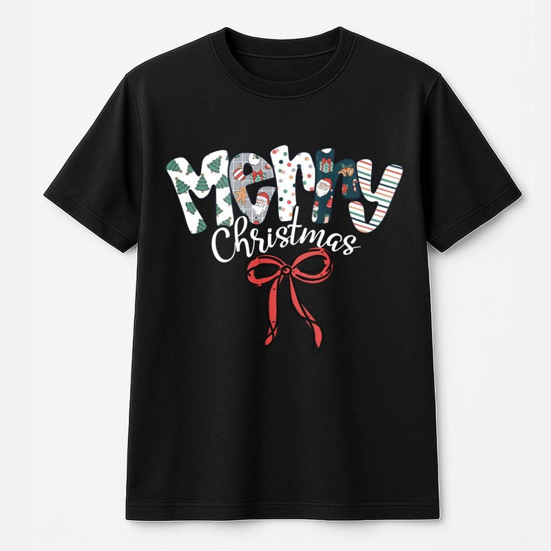 Patterned Lettering Red Bow Graphic Tee, Merry Christmas T-Shirt, Adorable Coquette Holiday Shirt, Family Christmas Graphic Top