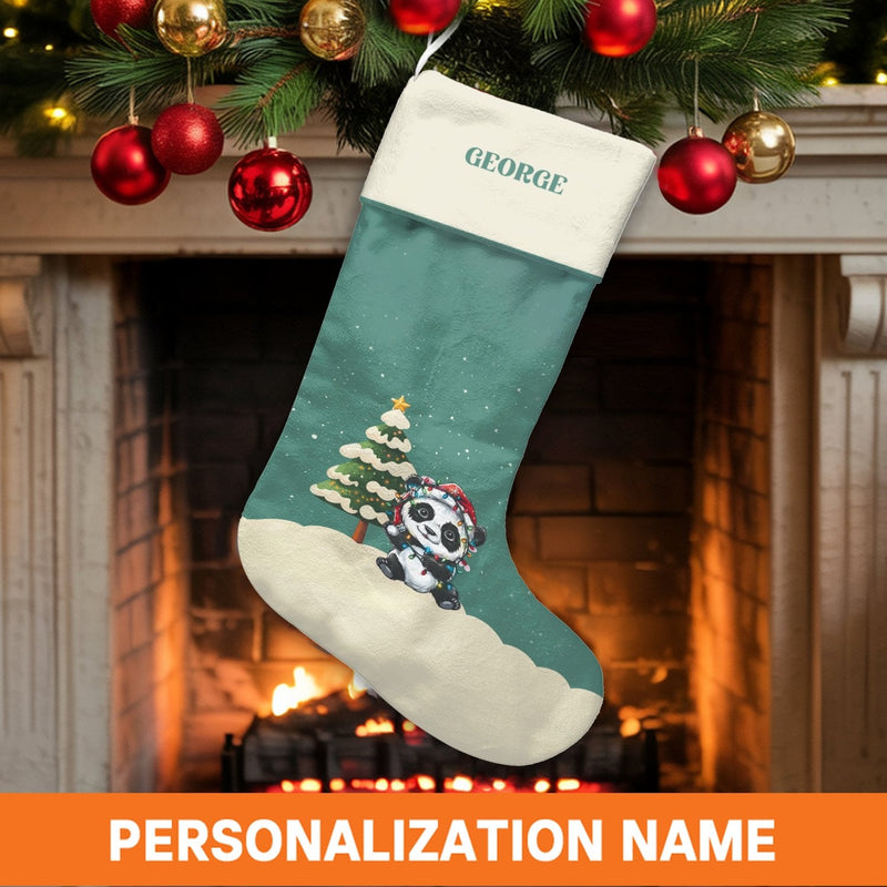 Personalized Panda Stocking, Panda with Christmas Lights Stocking, Adorable Animal Holiday Stocking, Custom Christmas Stocking, Xmas Family Present