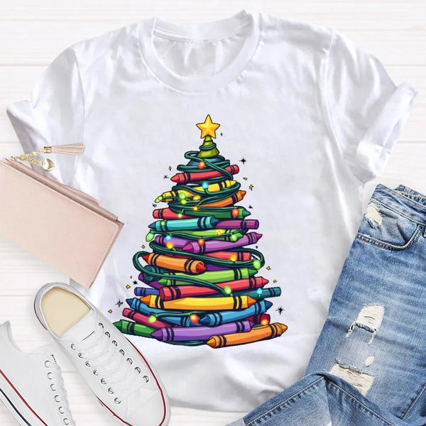 Holiday Graphic Tee, Christmas Tree Colored Pens T-Shirt, Art Teacher Christmas Shirt, Colorful Pen Xmas Tree Tee, Festive Ar