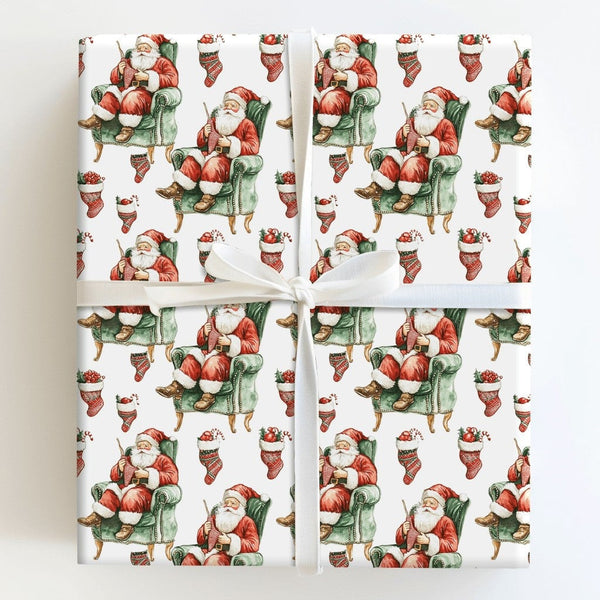 Knitter Santa Claus Armchair Wrapping Paper, Knitting Santa Wrapping Paper, Vintage Christmas Wrapping Paper, Comfy Holiday G
