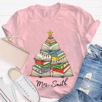 Personalized Holiday Shirt, Custom Christmas Trees and Books T-Shirt, Comfy Book Lover Xmas Graphic Tee, Custom Name Christmas Present Tee